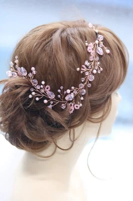 Bridal Rose Gold Crystal Hair Vine Wedding Vintage Headband Birthday Crown Wo... - Image 1 of 4
