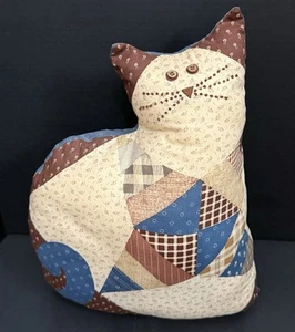 VTG Cat Shaped Throw Pillow Quilted Patchwork Pattern ~10x13" Accent Plush Beads - Picture 1 of 7