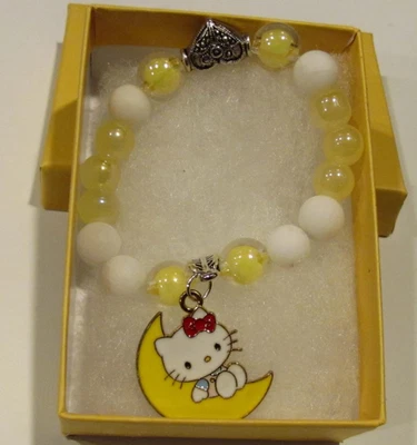 Девочек Hello Kitty на луне эластичной браслет желтый и белый бисер 5,5» с подарочной коробкой - Изображение 1 из 4