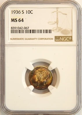 1936 S Mercury Silver Dime Monster Rainbow Toning MS 64 NGC 10C US COIN - Image 1 of 4