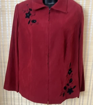 Studio I Womens Jacket Blazer 16W  Red Black Embroidered Floral Beaded Full Zip - Image 1 of 4