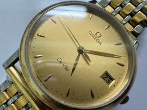 Omega DeVille Cal.1432 196.2432 Gold Dial Men's Quartz 32mm Date Genuine Belt - Picture 1 of 24