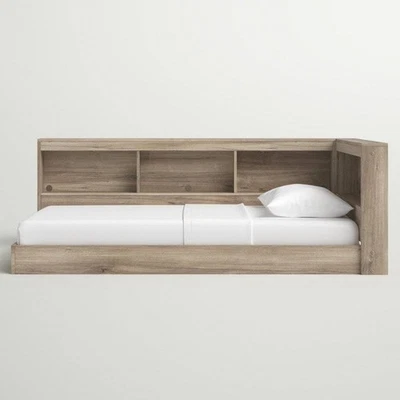 Twin Natural Wood Corner Storage Bed with Bookcase Headboard USB Ports - Image 1 of 4
