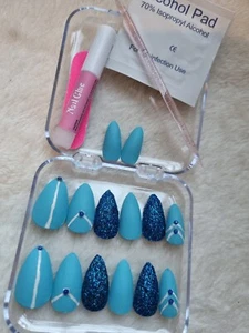 Matt Blue, Glitter Short Stiletto Press On Nails, Glue, Fake Nails, Designs - Picture 1 of 5