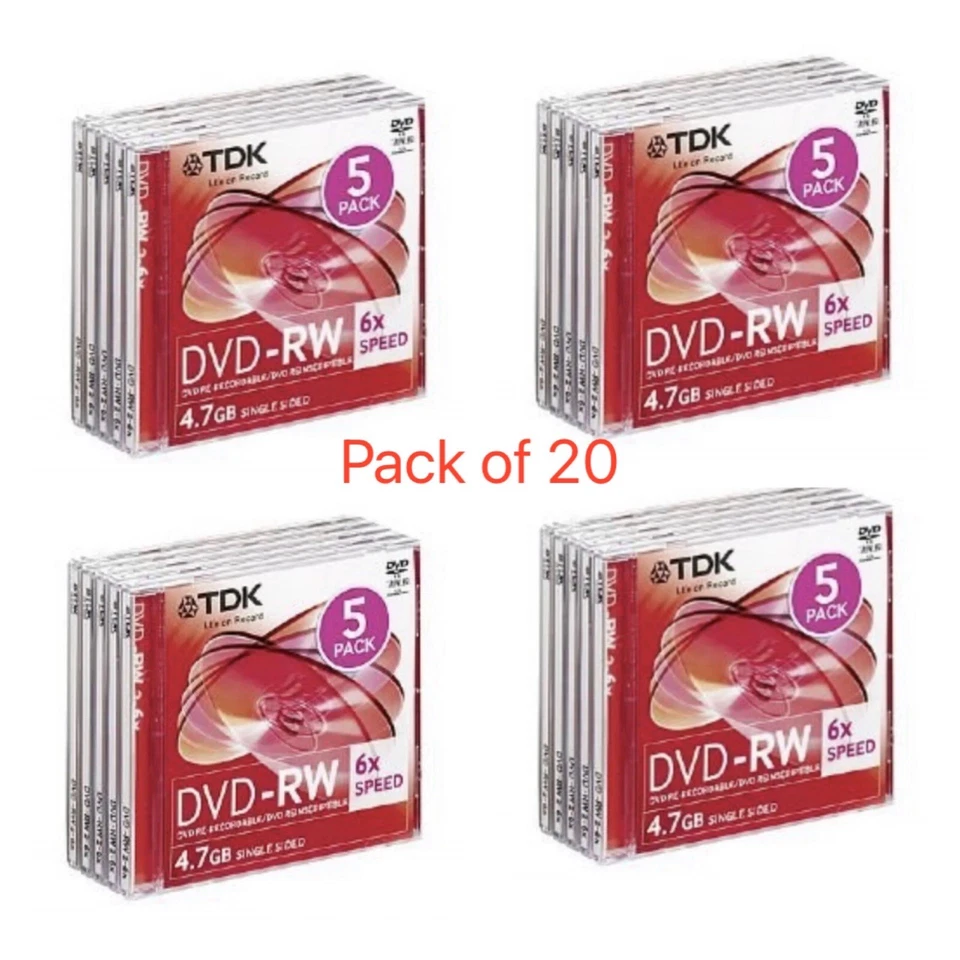 20 x TDK Blank DVD-RW discs 2x - 6x 4.7GB 120 mins Rewritable Jewel Slim Case - Image 1 of 2