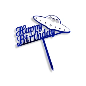 Acrílico Decoración de Pasteles Feliz Cumpleaños Letras Azules Diseño de Nave Espacial Fiesta Idea - Imagen 1 de 3