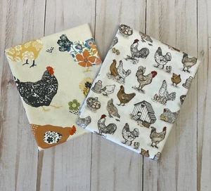 Juego de 2 pollos gallinas estampados de granja multicolor 100 % algodón FQ Fat Quarter de tela - Imagen 1 de 3