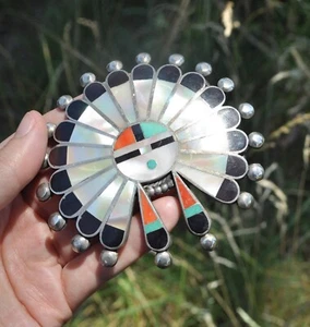 Myra Tucson Zuni Indian Sunface Belt Buckle Sun Sign - Sterling Silver MOB Inlay - Bild 1 von 6