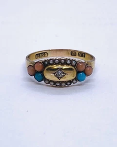 Antique 15CT Gold Diamond Turquoise Coral & Seed Pearl Ring Size P,US 7-1/2 R33w - Picture 1 of 7