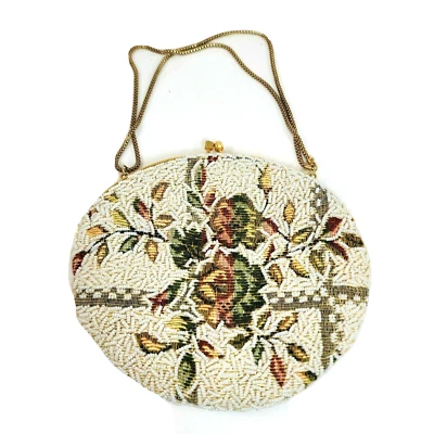 Bolso sin asas vintage de noche con cuentas redondo floral hecho a mano forro satinado cadena dorada Foto 1 de 4
