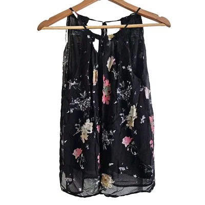 French Connection Women Sleeveless Halter Black Top Sz 2 Tule Lined Floral Blous - Image 1 of 4