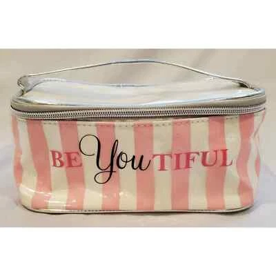 Be You Tiful Pink White Silver Zipper Cosmetic Bag Foto 1 de 4