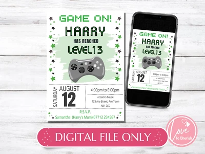 DIGITAL Video Game PERSONALISED Invites - Boys Gamer Gaming Birthday Party Green - Image 1 of 4