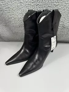 Massimo Dutti Studio schwarz Leder Western Pfennigabsatz Cowboy Stiefeletten 8 US - Bild 1 von 13