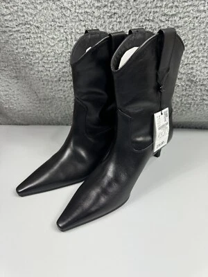 Massimo Dutti Studio Black Leather Western Kitten Heel Cowboy Ankle Boots 8 US - Image 1 of 4