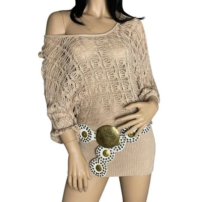 y2k Boho Beige Bebe Fuera del Hombro Tejido Suéter Mini Vestido / Top Talla Pequeña Foto 1 de 4