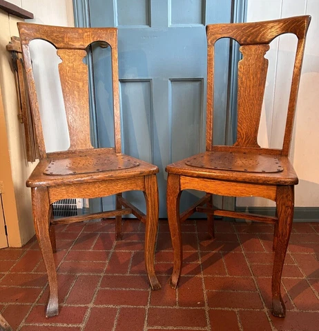 2 antique oak wood farmhouse country kitchen vintage chairs Cover