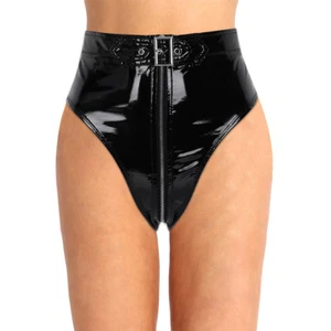 Damen Ouvertslip Wetlook Hotpants mit vorne Reißverschluss Unterwäsche Dessous - Picture 1 of 12