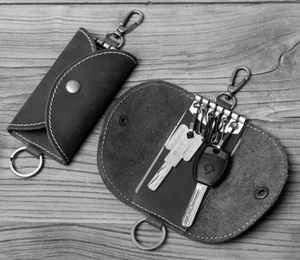 2piece men women key chain case ring holder pocket cow Leather pouch black H343 - Picture 1 of 4