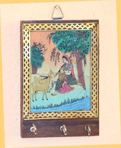 Gemstone Painting  Wood Keychain, Keys Wall Holder with Three Hooks from India - Picture 1 of 5