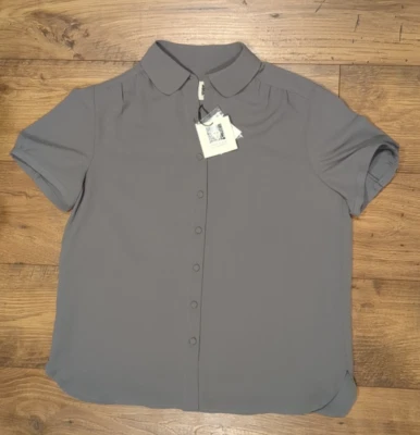 Anne Klein 女式 M 浅石墨 Peter Pan Shirred 领帽衬衫 S/S 衬衫 — 第 1/4 张图片