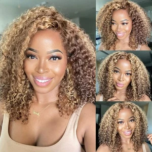 Honey Blonde Curly 13x4 Lace Front Wigs Human Hair Brown and Blonde Glueless ... - Picture 1 of 7
