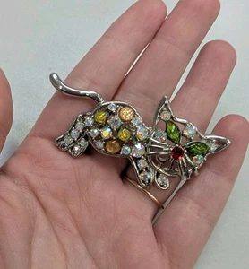Vintage Cat Kitten Rhinestone Colorful Brooch Pin Silver Tone Costume Jewelry  - Picture 1 of 6