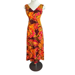 Mildred's of Hawaii Orange Floral Barkcloth Maxi Empire Waist Dress Pleated Back - Picture 1 of 13