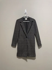 Carly Jean Los Angeles Long Knit Trench Jacket Sz M Gray Plaid Pockets Coatigan - Picture 1 of 5
