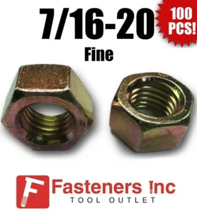 (Qty 100) 7/16-20 Fine Grade 8 Finish Hex Nuts Yellow Zinc Plated Hardened - Picture 1 of 3
