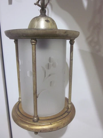 Antique Vtg Art Deco Hanging Brass Glass Pendant Foyer Light WEBER Patent 1909 Cover