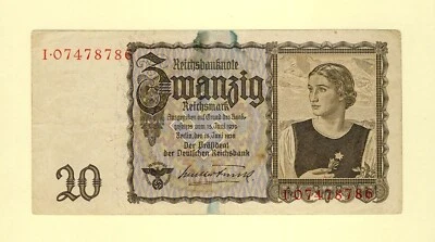 GERMANY, DEUTSCHLAND 20 REICHSMARK 1939 - 1945 P-185 VF++ REICH 2 CROSS SWASTIKA - Image 1 of 2