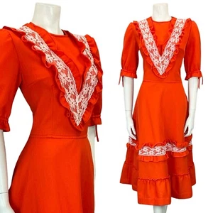 VTG 70S ORANGE WHITE RUFFLE LACE PUFF SLEEVE EDWARDIAN PRAIRIE MIDI DRESS 12 - Picture 1 of 12