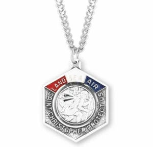 St. Christopher Land-Sea-Air Enameled Sterling Silver 4-Way 1.1" Medal, US Made - Picture 1 of 3