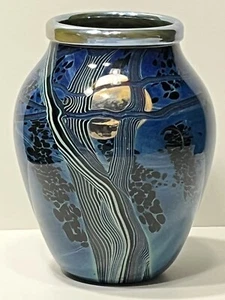 RICHARD SATAVA ART GLASS HARVEST MOON BLUE WOODLAND VASE 1986 - Picture 1 of 13