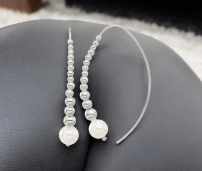 925 Sterling Silver Polished Beaded Simulated Pearl Threader Earrings - 56x9mm - Image 1 of 4