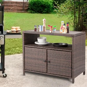 Outdoor Storage Cabinet, Wicker Rattan Storage Cabinet with 2 Doors, Shelves & P - Picture 1 of 12