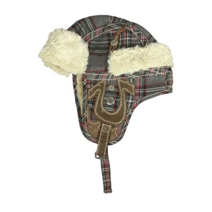 Vintage True Religion Red Plaid Flannel Trapper Faux Fur UniSex Hat Sz L/XL Wool - Picture 1 of 11