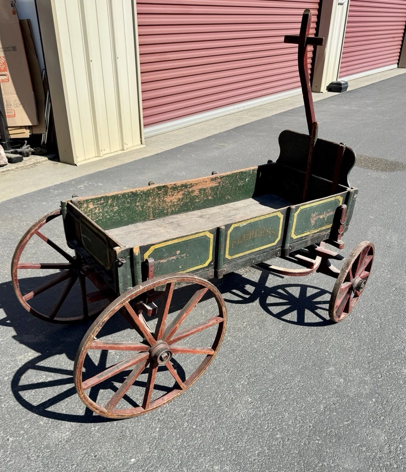 Antique Peerless Wooden Iron Wheel Pull Wagon 19th Century Primitive Goat Cart - Image 1 of 4