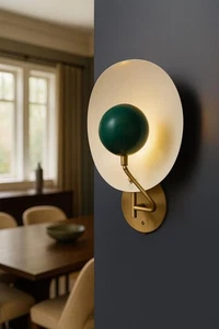 Mid Century Modern Brass Wall Sconce with Green Globe Shade Wall Light Fixture - Picture 1 of 9