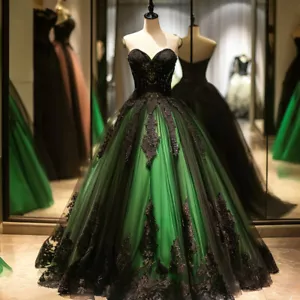 Green Tulle Black Lace Applique Ball Gown Prom Dresses Party Lace Up Back - Picture 1 of 3