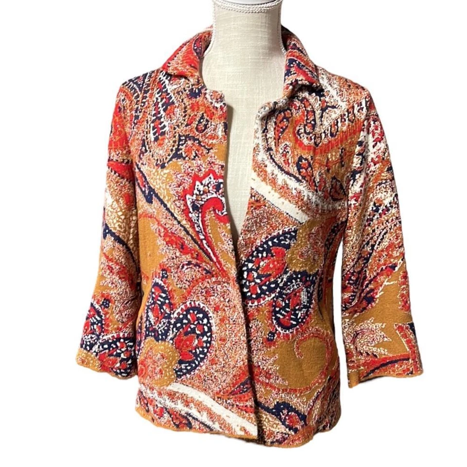 Chaqueta Blazer Moth Anthropologie Intarsia Boho Patrón Cachemira Rojo Tostado Para Mujer XS Foto 1 de 4