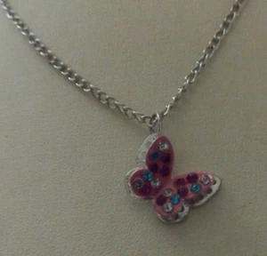 Halskette silberfarben dunkelrosa blau klar Strass rosa Schmetterling Anhänger #O90 - Bild 1 von 7