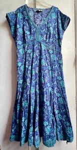✩Pretty *EAST ARTISAN with ANOKHI* Blue Floral Block Printed Midi Dress 18✩ - Picture 1 of 9