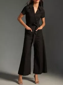 $188 Anthropologie Maeve 6 Colette Wrap Culotte Jumpsuit Black Belted Wide Leg - Picture 1 of 9