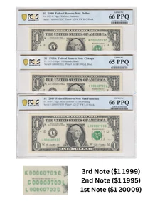 $1 Set of 3 MATCHING SERIAL NUMBERS (00000703) PCGS Graded 66/65/66 Gem UNC - Picture 1 of 3