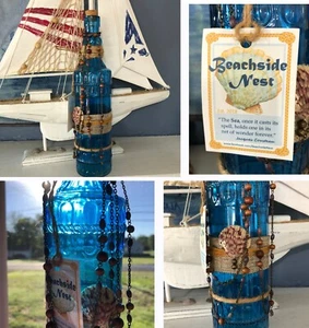 BEACHSIDE NEST Blue Glass Decorative Bottle w/Cork 12.75" Shabby Chic Beach - Picture 1 of 12