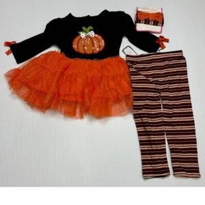 Girls Halloween Set Shirt, Leggings Headpc Black Orange Pumpkin 3 pc- 3/6 mths - Picture 1 of 8