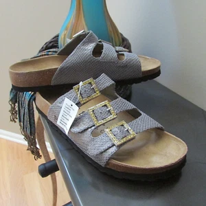 Birkenstock Betula SILVER GRAY SNAKE PRINT RHINESTONE BLING SLIDE SANDALS-SZ 9 - Picture 1 of 10