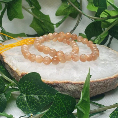 Pulsera elástica con cuentas de piedra lunar y piedra solar dorada pulida natural cuentas de 7 mm Foto 1 de 3